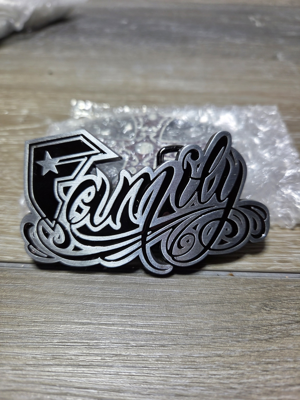 Jean's Friend Family Script Black & Silver Tone Metal Belt Buckle